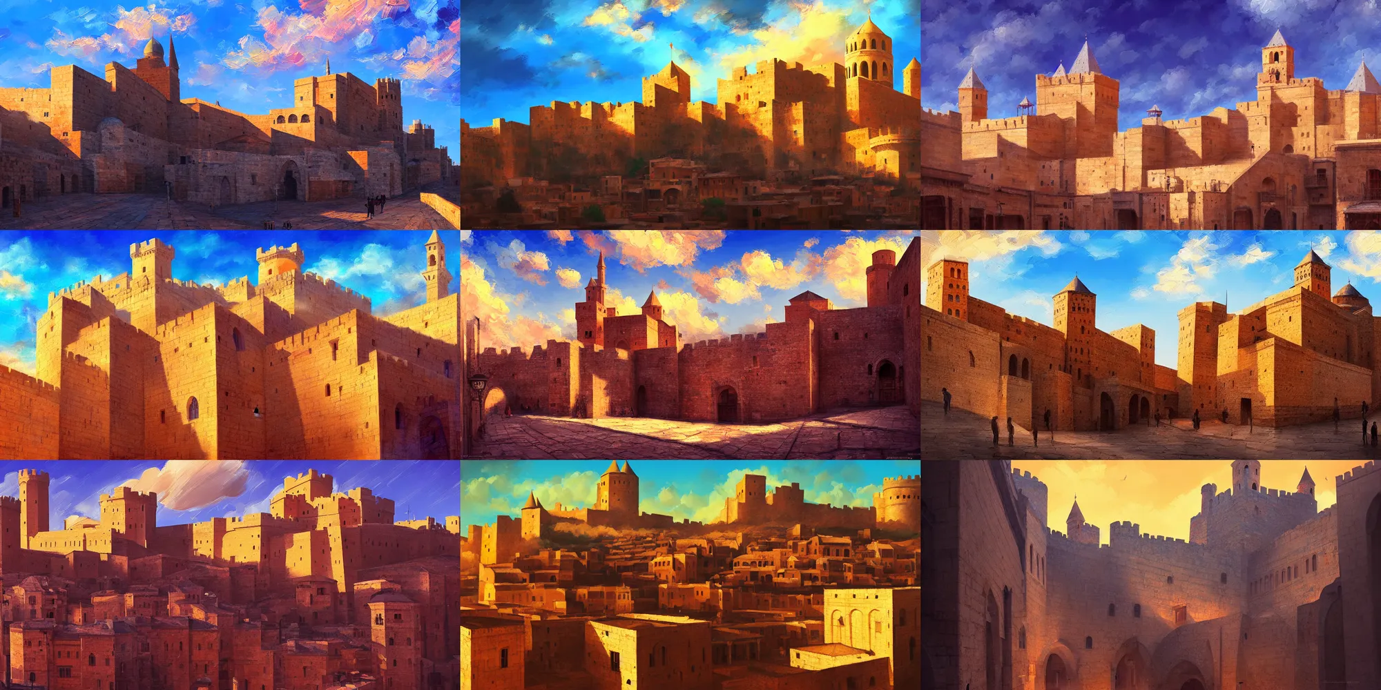 Prompt: mardin old town castle, digital oil painting, brushstrokes, colorful, high contrast, clear sky, volumetric lighting, atmospheric, ghibli, deviantart, cgsociety, artstation, fujifilm