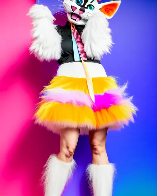 Prompt: a cute anthropomorphic calico cat girl anthro fursuit is wearing vibrant ribbons and a fluffy coat and a striped skirt, high definition photo at a convention center