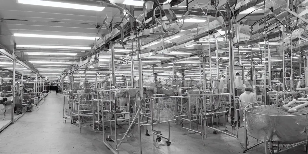 Prompt: inside of a busy meat processing plant, photography