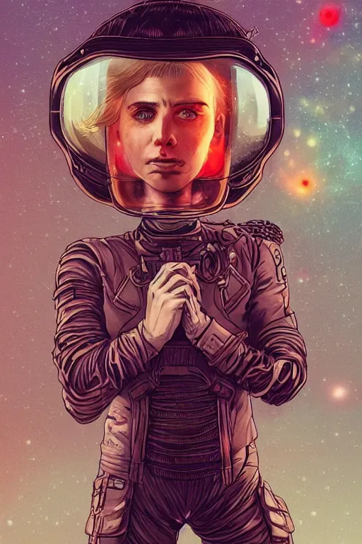 Prompt: tattooed stoic heroic emotionless butch blond woman engineer stranded on hostile dusty red alien planet, red dust storm, awkward and anxious, victorian goggles, very short slicked - back hair, by artgerm and moebius, ornate, stunning, nebula, explosions in the sky, trending on artstation