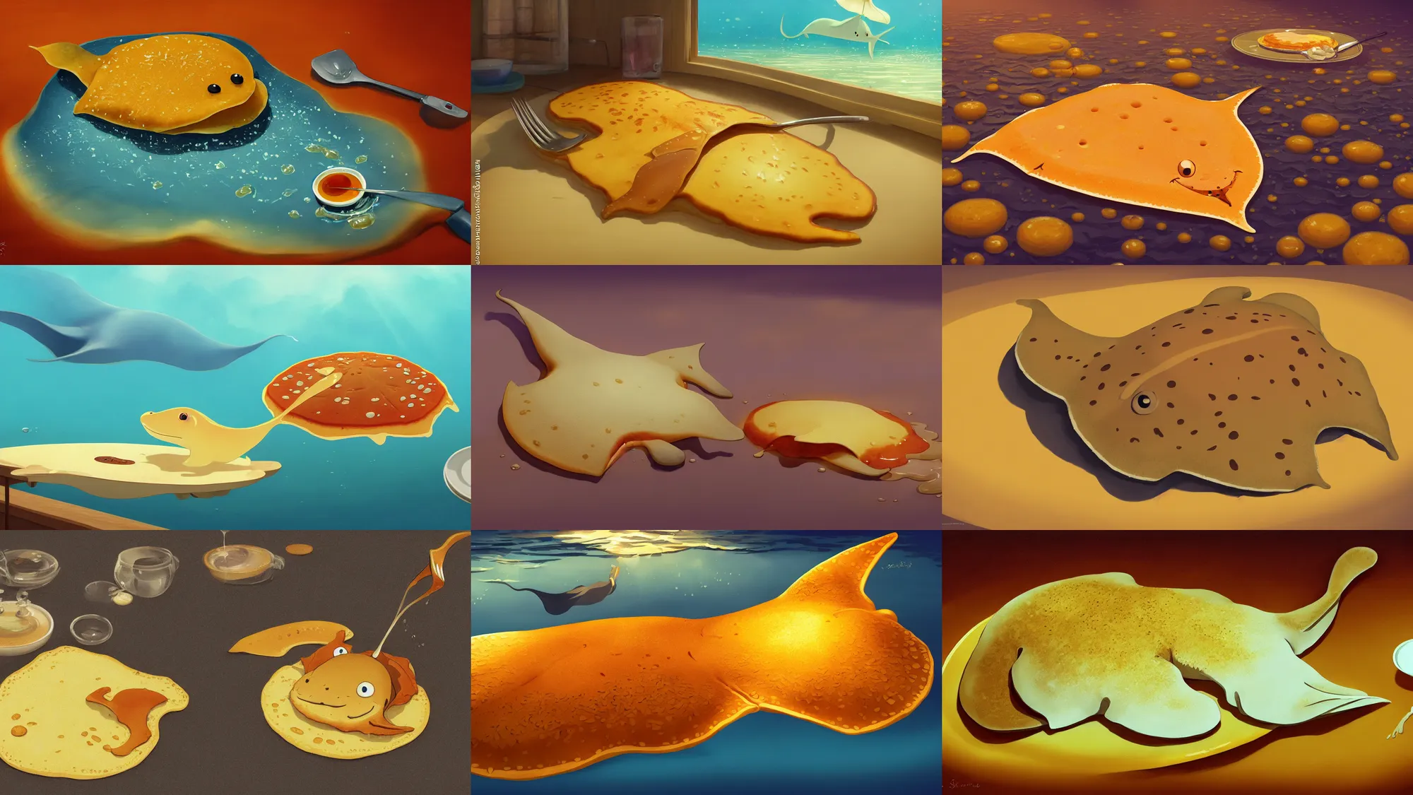 Prompt: painting of a happy flat pancake stingray swimming in syrup, cute, 4 k, stingray made of pancake, fantasy food world, living food adorable pancake, brown atmospheric lighting, by makoto shinkai, studio ghibli, chris moore