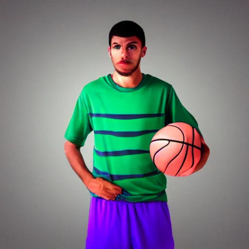 Prompt: sad brazillian man holding a basketball trapped in a corner behind a glowing purple rectangle