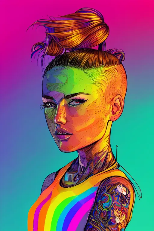 Image similar to a award winning half body portrait of a beautiful woman with stunning eyes in a printed croptop and cargo pants with rainbow colored ombre hairstyle head in motion and hair flying by josan gonzales, outrun, vaporware, shaded flat illustration, digital art, trending on artstation, highly detailed, fine detail, intricate