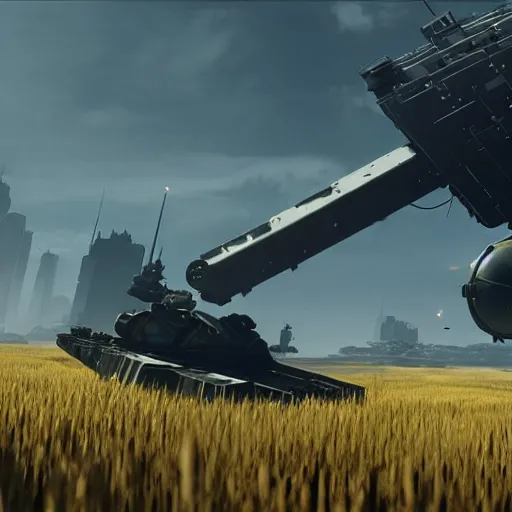 Image similar to a very high resolution image from nier : automata, featuring 9 s android fighting an armored vehicle resembling main battle tank in yellow rye field under pure blue skies