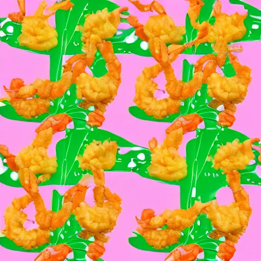 Prompt: seamless looping design of tempura shrimp on pink background
