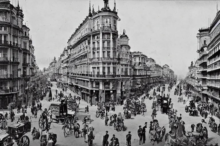 Image similar to The Madrid Gran Vía, steampunk, Victorian era style, 1890 photo, retro futuristic, highly detailed, hyper realistic