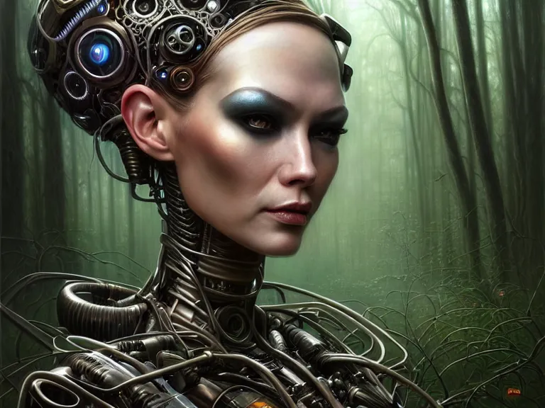 Prompt: portrait shot of a cyberpunk robot woman, in a forest, intricate, elegant, highly detailed, centered, digital painting, artstation, concept art, smooth, sharp focus, illustration, artgerm, tomasz alen kopera, peter mohrbacher, donato giancola, joseph christian leyendecker, wlop, boris vallejo