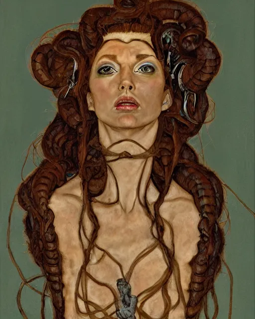 Prompt: portrait of a powerful medusa with many pythons by greg rutkowski in the style of egon schiele