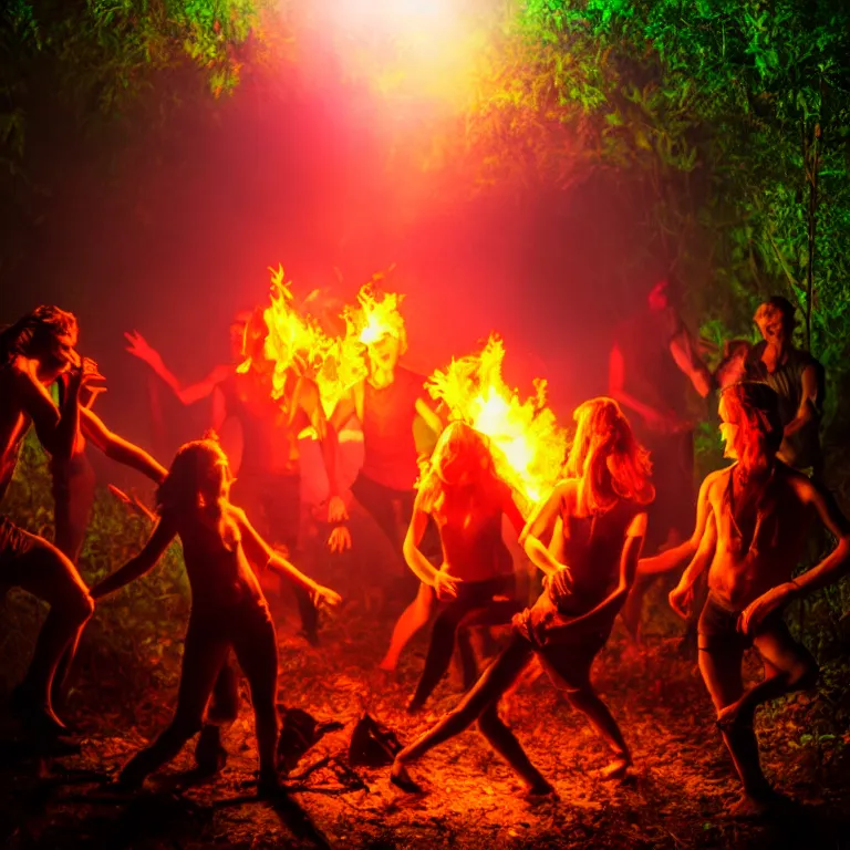 Image similar to real life 1 2 monkeys dancing around a fire in a jungle, cinematic, volumetric lighting, vivid colours, f 8 aperture, cinematic eastman 5 3 8 4 film, photorealistic