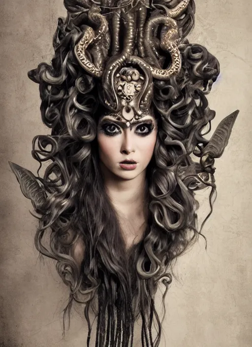 Image similar to a portrait medusa by candy makeup, photorealistic, intricate details, hyper realistic, fantasy, elegant, baroque, horn, ram skull headpiece, photorealistic, photography, symmetrical features, symmetrical pose, wide angle shot, feet on the ground, wearable art, unreal engine