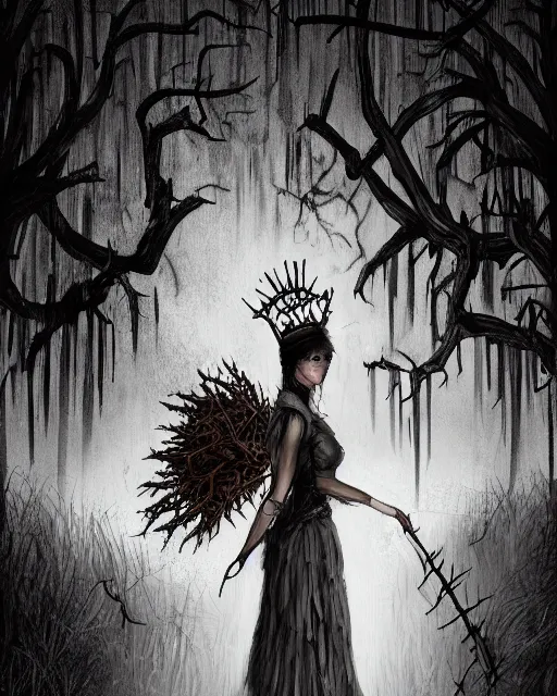 Image similar to Digital painting of a desperate looking bride wearing a crown of thorn, southern gothic scene, typical louisiana background, dark concept art in the style of the videogame Hunt Showdown, digital art, highly detailed, intricate, sharp focus, Trending on Artstation HQ, deviantart, 4K UHD image