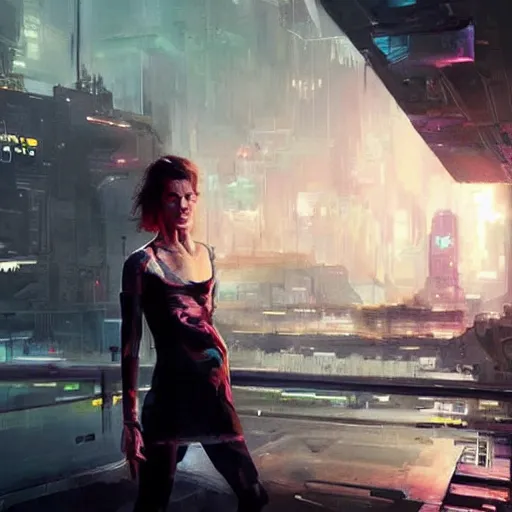 Prompt: milla jovovich looks to the camera in the foreground of art by greg rutkowski scifi future neon city