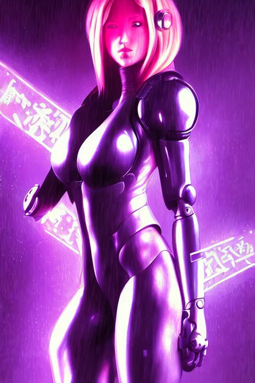 Image similar to 3 / 4 portrait of samus aran, kowloon cyberpunk cityscape, biomechanical oppai, rain, purple and pink and black neon lighting, by artgerm and clay mann and sorayama and alphonse mucha, trending on artstation