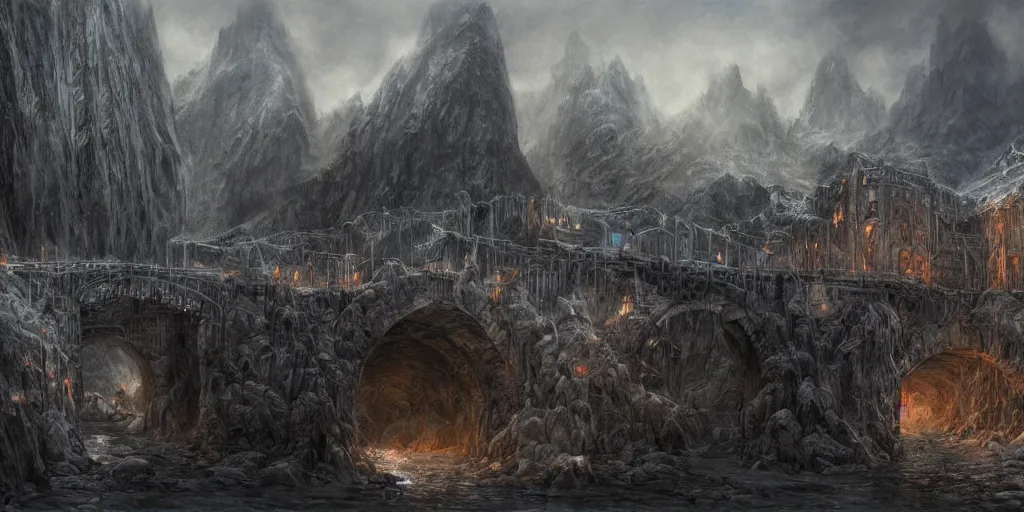 Image similar to Bridge in the Mines of Moria, detailed matte painting, cinematic, Alan Lee, Artstation