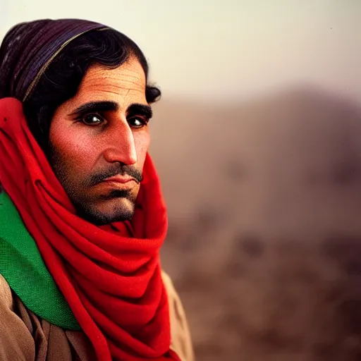 Prompt: portrait of george washington as afghan man, green eyes and red scarf looking intently, photograph by steve mccurry