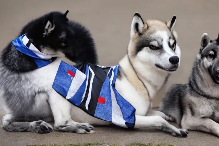 Prompt: A grey pegasus pony wearing a black and grey striped scarf sitting beside a shiba inu dog wearing a french flag bandana around their neck