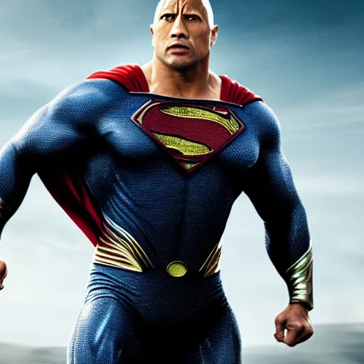 Image similar to dwayne johnson as superman, face visible, full body shot, highly - detailed, sharp focus, award - winning