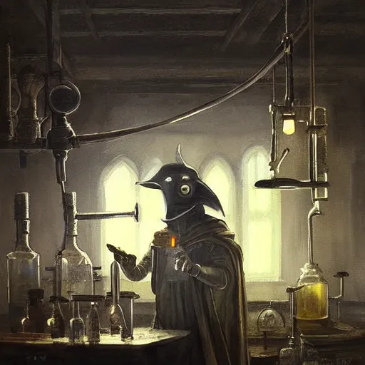 Prompt: medieval fantasy alchemist wearing a plague doctor mask working in laboratory, oil painting, by Greg Rutkowski