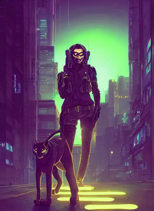 Image similar to beautiful portrait commission of a female furry anthro spotted cougar wearing a bullet proof vest and cargo pants. Cyberpunk city at night in the rain. Neon light. Atmospheric. Character design by charlie bowater, ross tran, artgerm, and makoto shinkai, detailed, inked, western comic book art