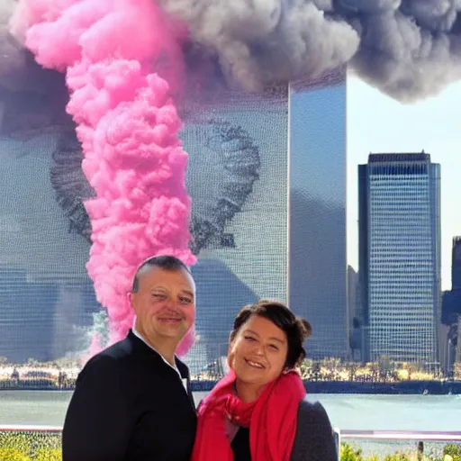 Prompt: a close up of a smiling couple of parents to be, in front of 9 / 1 1 with pink smoke