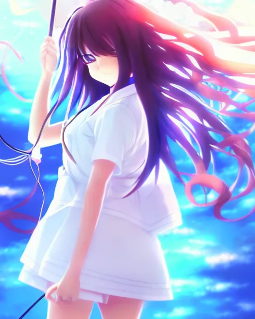 Prompt: anime style, vivid, expressive, full body, 4 k, painting, a cute magical girl with a long wavy black hair wearing a nurse outfit, stunning, realistic light and shadow effects, centered, simple background, studio ghibly makoto shinkai yuji yamaguchi