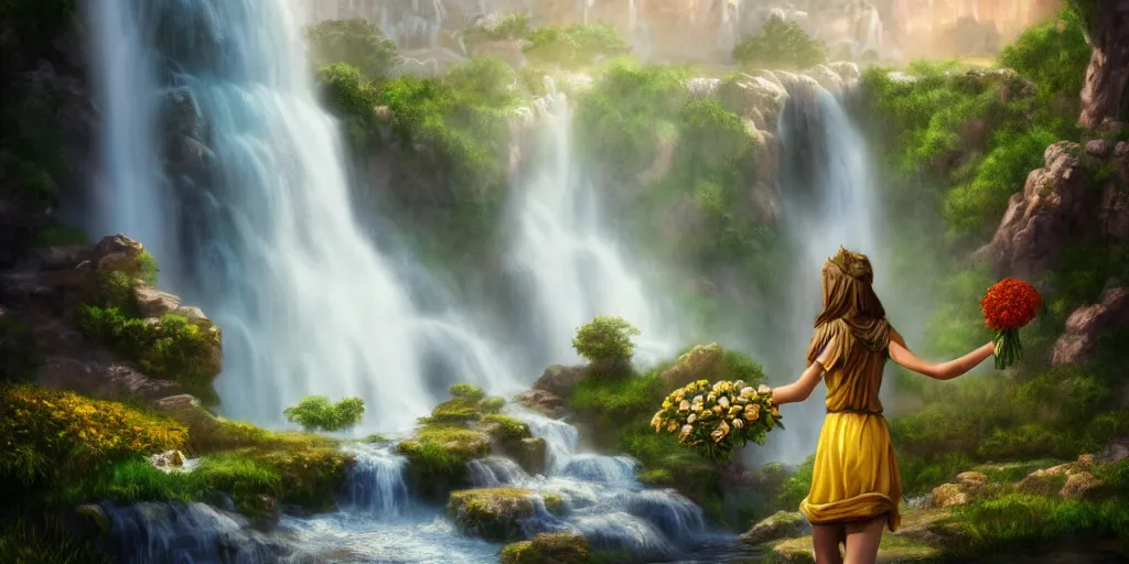 Image similar to a girl offers a bouquet of flowers to the ancient god of salt, gold and myrrh in a natural landscape with a huge waterfall behind. fantasy art, photo realistic, dynamic lighting, artstation, poster, volumetric lighting, very detailed faces, 4 k, award winning, blender