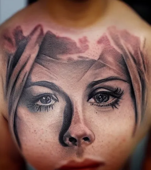 Image similar to realism tattoo sketch of a isabelledeltore face double exposure mountain scenery, in the style of matteo pasqualin, amazing detail, sharp, faded