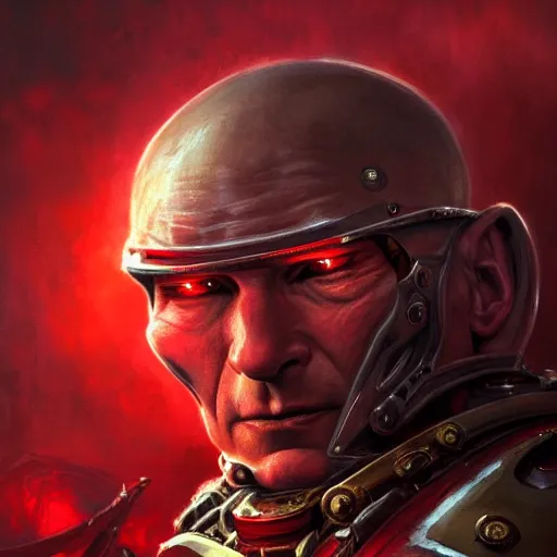 Prompt: extremely pale thin old patrick stewart in red warhammer 4 0 k armor leading a charge, extremly detailed digital painting, raymond swanland, tomasz alen kopera, vibrant colors, intricate, exquisite lighting, highly detailed, rim light, cinematic lighting, art, octane render, very coherent, cinematic, 8 k, trending on artstation