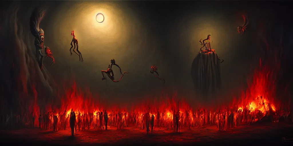 Image similar to repressed emotion creatures and monsters at the mouth of hell, dramatic lighting glow from giant fire, attempting to escape and start a revolution, in a dark surreal painting by ronny khalil