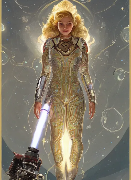 Prompt: beautiful space cottagecore, princess rosalina!!! by ilya kushvikov, holding a rocket wearing a scifi jetsuit, intricate, elegant, bioluminescent, highly detailed, digital painting, artstation, concept art, smooth, sharp, focus, illustration, art by artgerm and greg rutkowski and alphonse mucha