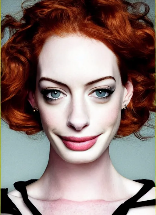 Image similar to portrait of beautiful christina hendricks and anne hathaway hybrid by mario testino, headshot, detailed, award winning, sony a 7 r