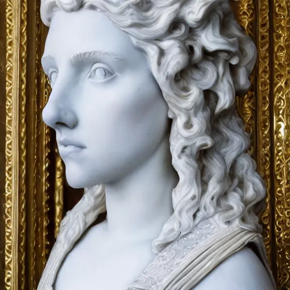 Prompt: a white art nouveau marble sculptural bust of a worried young scarlett johansson as joan of arc with long, flowing hair, wearing intricate gold plate armor on her chest, delicate, intricate, smooth, beautiful, by charles van der stappen