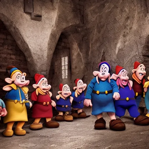 Prompt: photograph of the 7 dwarves exploring a dungeon, captioned