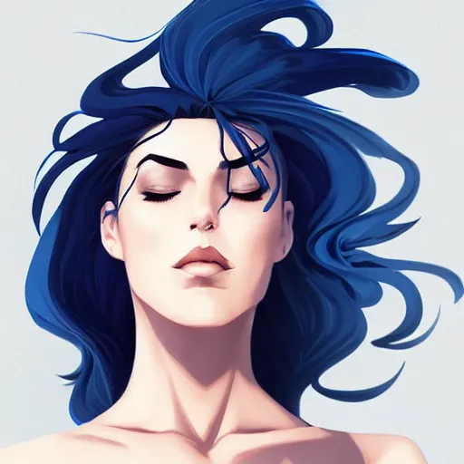 Image similar to a stunning upper body portrait of a beautiful woman with navy blue hair blowing in the wind by marvel comics, digital art, trending on artstation