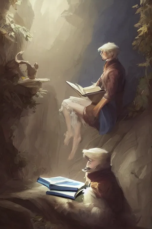 Prompt: concept art of fitzchevalry reading the book les antiseches du bonheur of jonathan lehmann, nighteyes is looking warmly over his shoulders, by aenaluck, artgerm and roberto ferri and greg rutkowski, blue and white tones, digital painting, artstation, concept art, smooth, sharp foccus ilustration hq