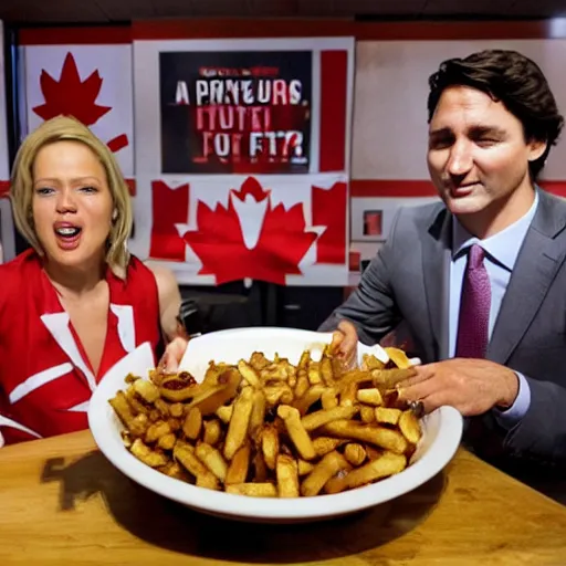 Image similar to a poutine with full of canadian cash inside served by happy Justin Trudeau