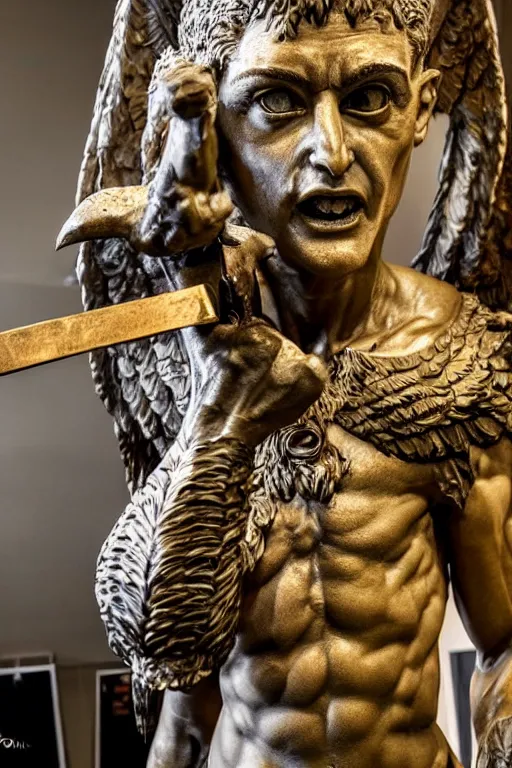 Prompt: photo taken of an epic intricate, ultra detailed, super realistic sculpture of a ancient winged demonic guardian statue holding an axe, sculpture on display, created by weta workshop, photorealistic, sharp focus, f 0. 4, face centred, golden ratio