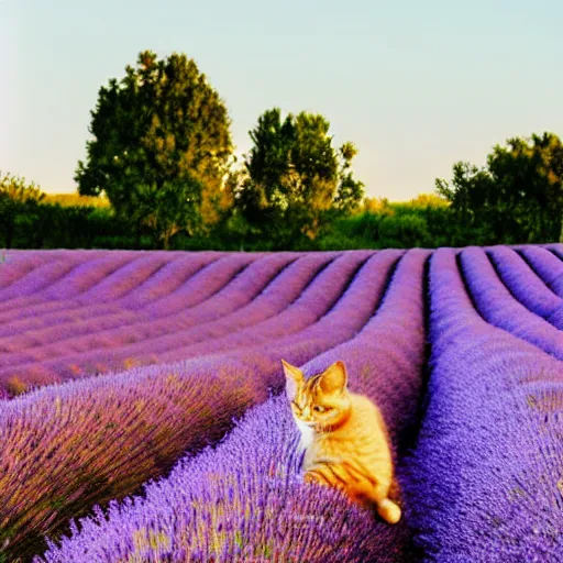 Image similar to lavender field in provence at sunset with a cat sitting in foreground