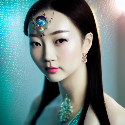 Image similar to photo shoot pose photo of beautiful realistic Chinese ancient princess standing in the corridor in the space ship, attractive symmetrical face, big eyes and lips, subtle makeup, clean face and body skin,ecstatic face expression, ornamental jewelry and ancient translucent clothes, futuristic space ship interrior, wires with lights,depth of field, lens flare, moody lighting, moody photography, old photo, black and white, sepia, cinematic lighting, cinematic angle, editorial photography