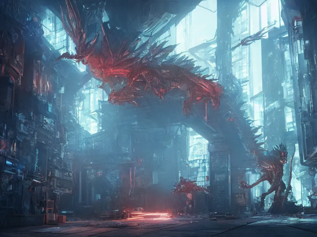 Image similar to A cyberpunk dragon in a basement protecting a technological treasure. A group of explorers are on their way, unreal engine, 8k, CGI, Ray tracing, Cyberpunk, fantasy, Elden Ring, Tron, Furi Videogame, Takashi Okazaki, neon