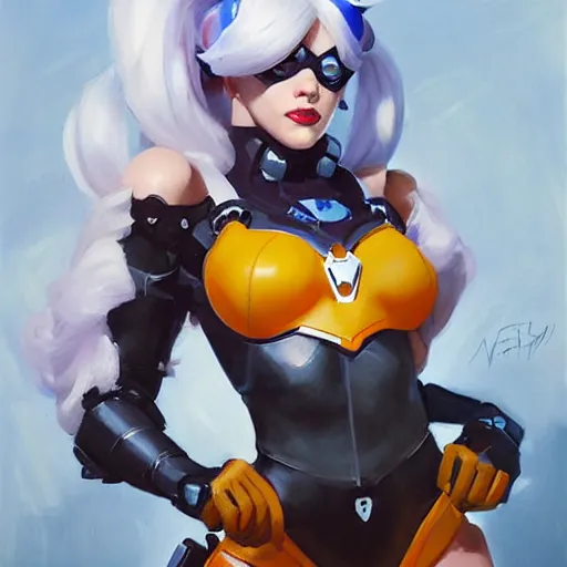 Image similar to greg manchess portrait painting of harley queen as cyber overwatch character, medium shot, asymmetrical, profile picture, organic painting, sunny day, matte painting, bold shapes, hard edges, street art, trending on artstation, by huang guangjian and gil elvgren and sachin teng