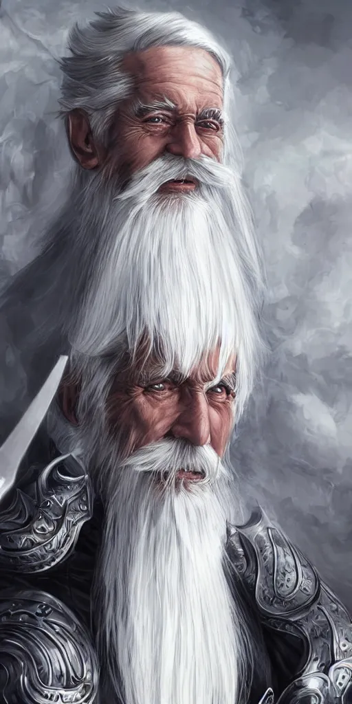 Prompt: an 8 0 year old man with long white hair and a white beard poses in his black armor and sword, art by artgerm