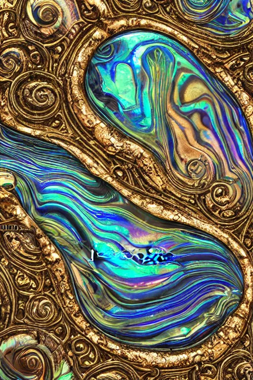 Image similar to Art Nouveau cresting oil slick waves, hyperdetailed bubbles in a shiny iridescent oil slick wave, black opal, abalone, paua shell, ornate copper patina medieval ornament, rococo, oganic rippling spirals, octane render, 8k 3D