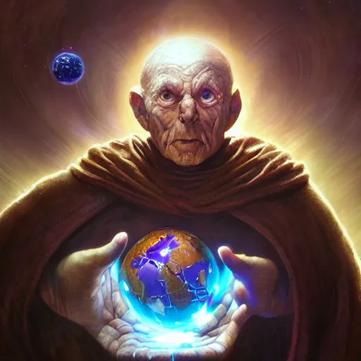 Image similar to the creator of worlds wearing a cloak and holding a holographic planet projection in his hand, detailed, sci - fi, digital painting, artstation, sharp focus, illustration, ominous, artgerm, tomasz alen kopera, peter mohrbacher, donato giancola, joseph christian leyendecker, wlop, frank frazetta