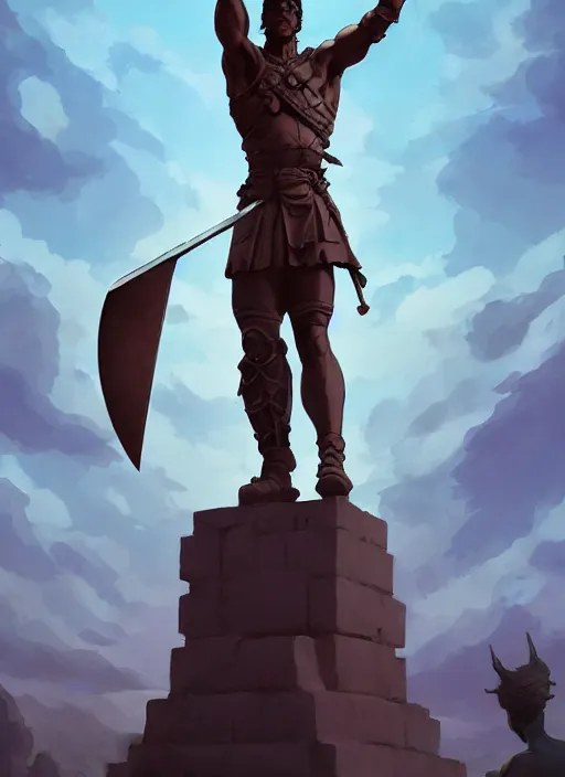 Prompt: statue of a victorious warrior raising his sword to the sky, heroic, glorious, in the style of artgerm, gerald brom, atey ghailan and mike mignola, vibrant colors and hard shadows and strong rim light, plain background, comic cover art, trending on artstation