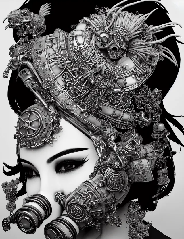 Image similar to 3 d goddess close - up profile punk portrait with vintage gas mask ram skull. beautiful intricately detailed japanese crow kitsune mask and clasical japanese kimono. betta fish, jellyfish phoenix, bio luminescent, plasma, ice, water, wind, creature, artwork by tooth wu and wlop and beeple and greg rutkowski