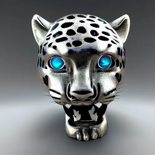 Image similar to silver jaguar sculpture with glowing blue eyes