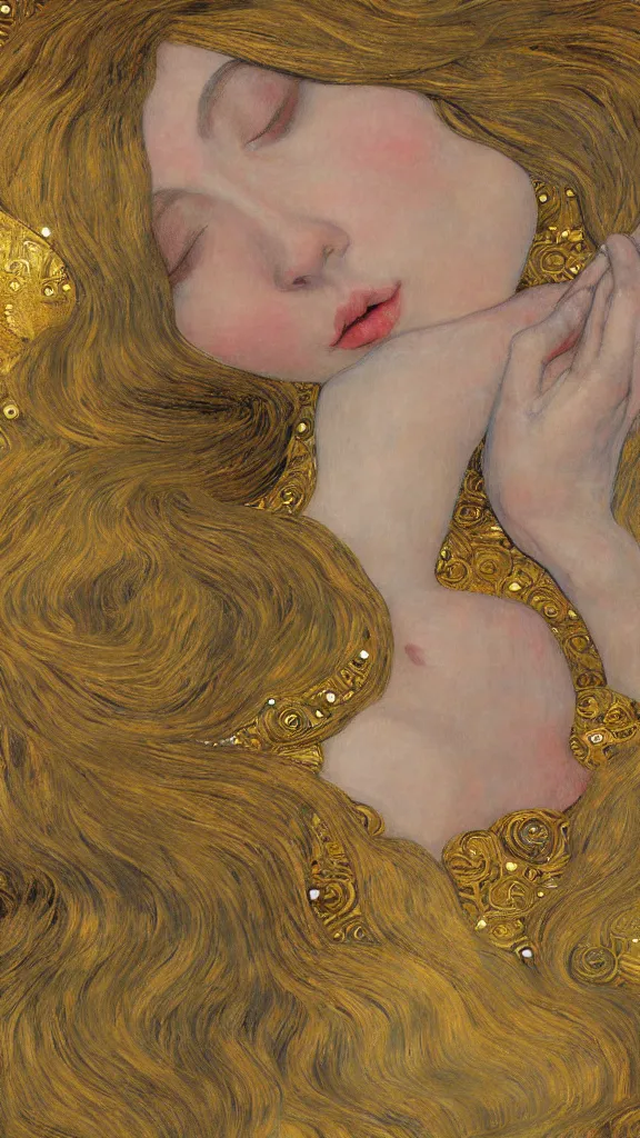 Image similar to a soft and breathtaking detailed painting of a sleeping blonde princess in the style of Gustav Klimt, , shiny gold, elegant, highly detailed, artstation, concept art, matte, sharp focus, art by Gustav Klimt