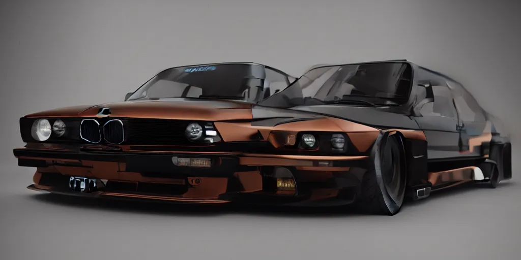 Image similar to a design of a futuristic bmw e30, designed by Polestar, blade runner background, stained antique copper car paint, black windows, sport car, dark show room, dramatic lighting, hyper realistic render, depth of field