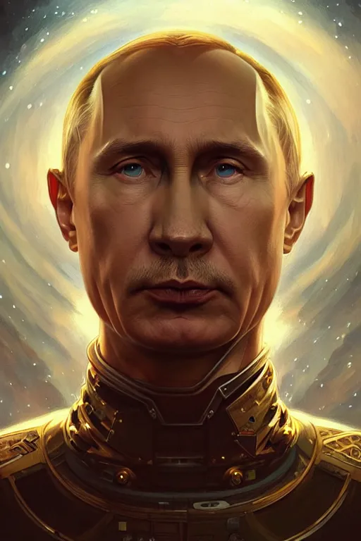 Image similar to Portrait of Putin in space, D&D, face, dark fantasy, intricate, elegant, highly detailed, digital painting, artstation, concept art, smooth, sharp focus, illustration, art by artgerm and greg rutkowski and alphonse mucha